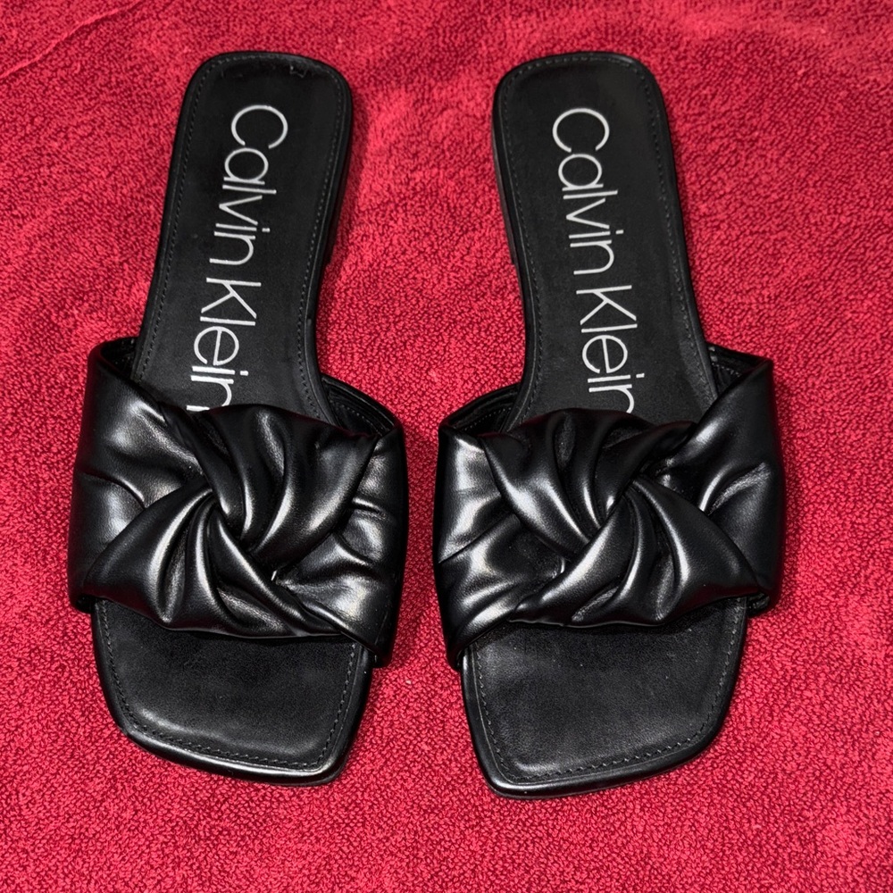 Calvin Klein Black Marita Slip On Square- Toe Flat Sandals